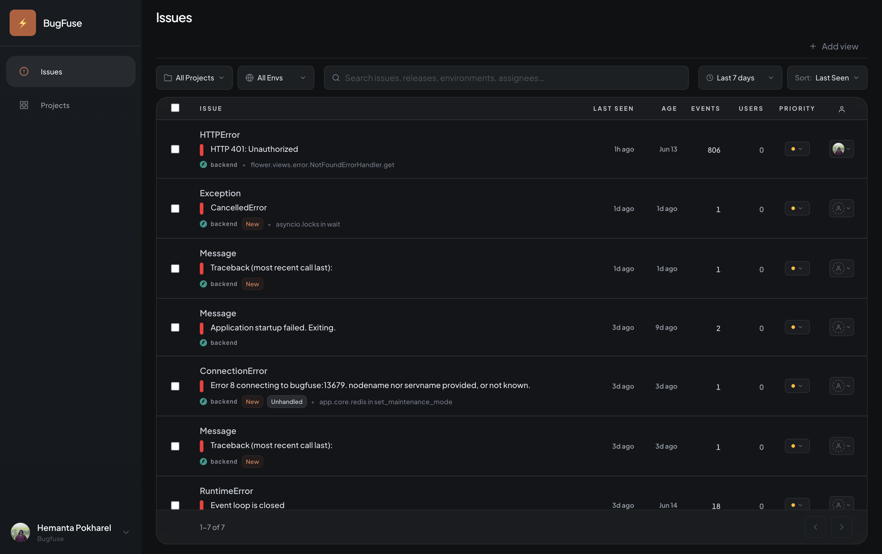 BugFuse dashboard